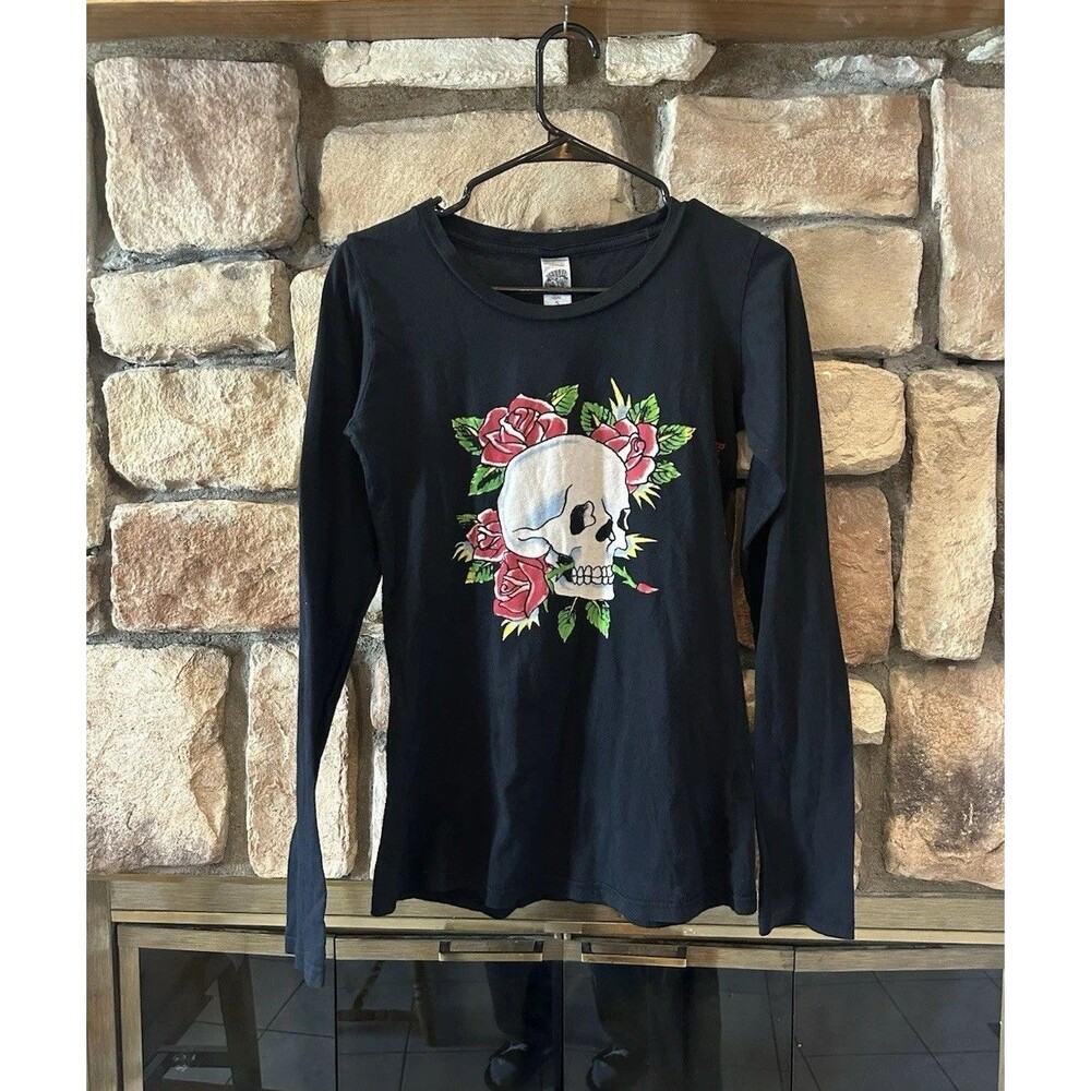 VTG 00s Ed Hardy Christian Audigier Shirt Top Skull Rose S Women Long Sleeve Y2K